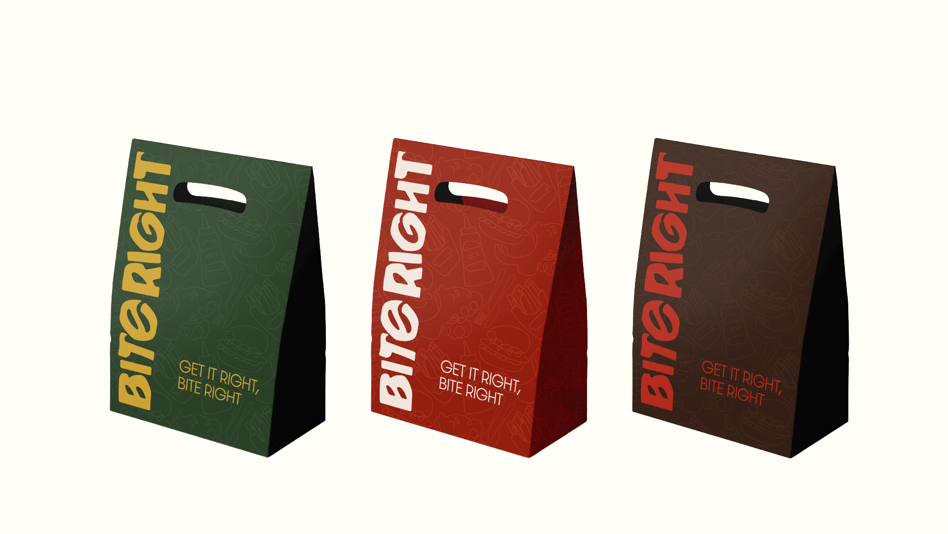 Three colorful paper bags with hotdog illustrations and the words 'BITE ARIGSHI' and slogan 'GET IT RIGHT, BITE RIGHT' on each, arranged side by side, over a plain background.