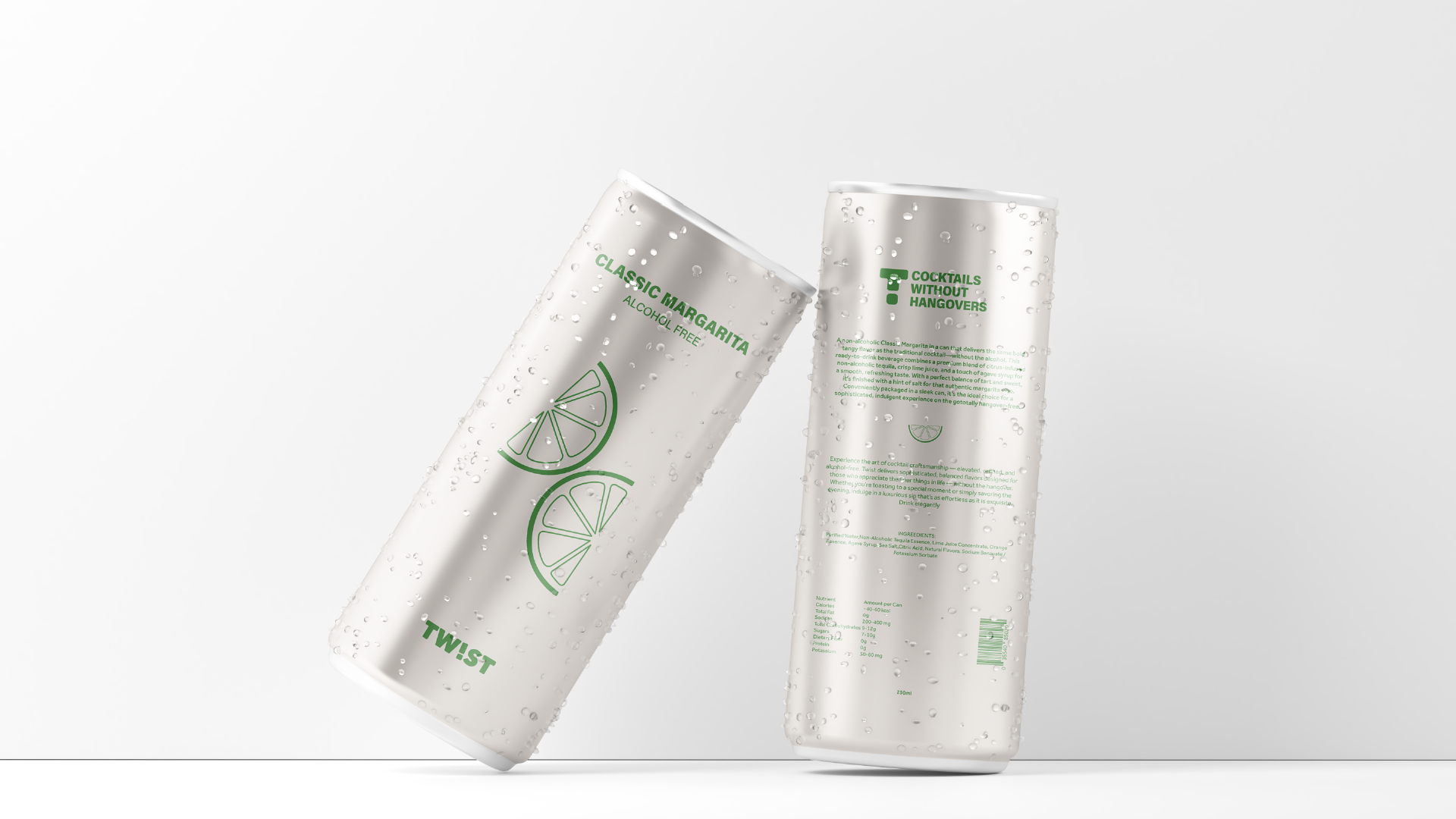 Two tall cans of alcohol-free cocktail, one labeled 'Classic Margarita' and the other 'Cocktails Without Hangovers', with water droplets on the cans against a white background.