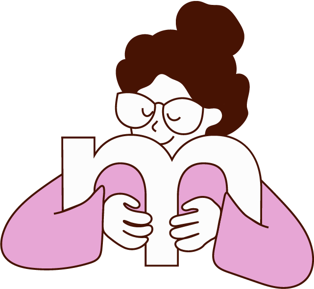 A cartoon person with glasses and brown hair holding a large pink letter 'b' and 'd'.