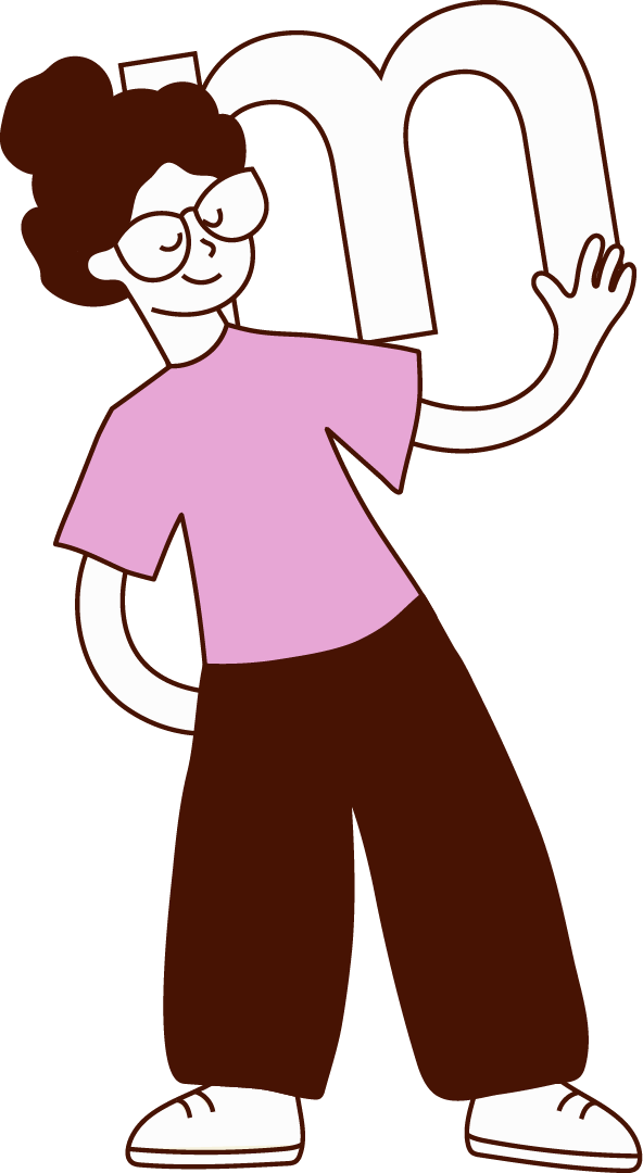 A cartoon woman with curly hair and glasses holding a large letter M, wearing a pink shirt, brown pants, and white shoes.