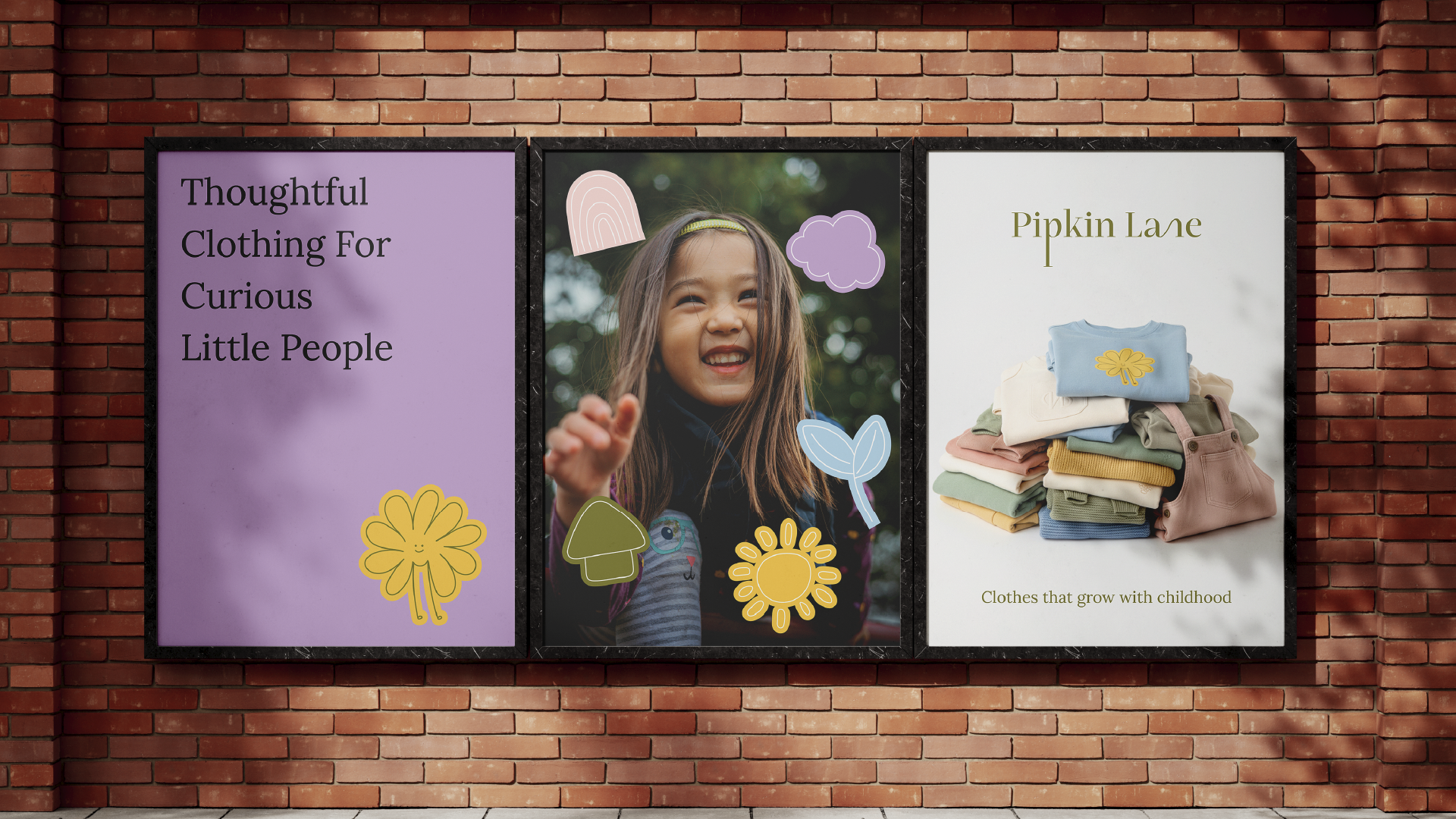 Three posters displayed on a brick wall. The left poster has purple background with black text that reads: "Thoughtful Clothing For Curious Little People," and a yellow flower illustration at the bottom. The middle poster features a smiling girl with long hair outdoors, with colorful drawn cloud, leaf, mushroom, and sun graphics. The right poster shows a pile of folded clothes with a blue shirt on top, and green text that reads: "Pipkin Lane" and a smaller caption, "Clothes that grow with childhood."
