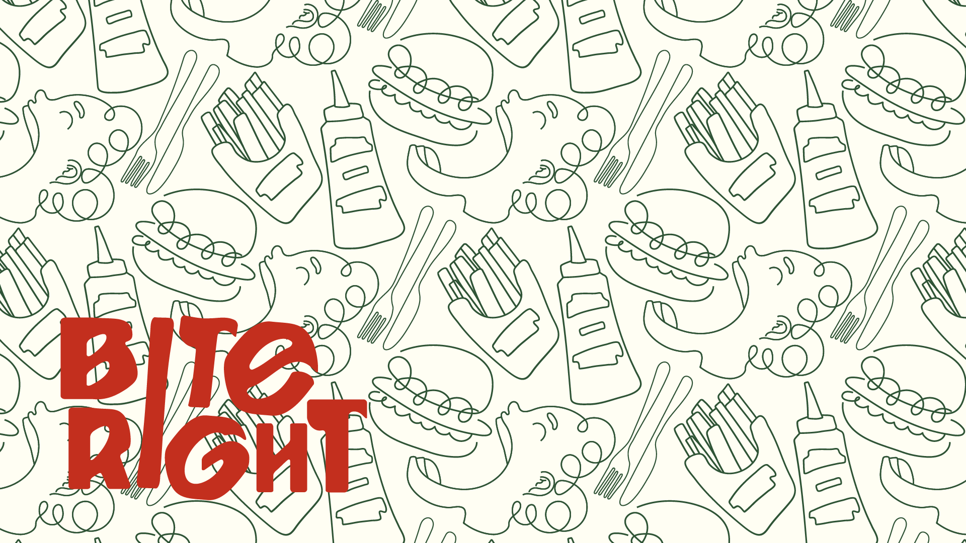 Seamless pattern of line drawings of hot dogs, French fries in a container, ketchup, fork, and spoon on a light background with red text saying 'bite right' in the lower left corner.