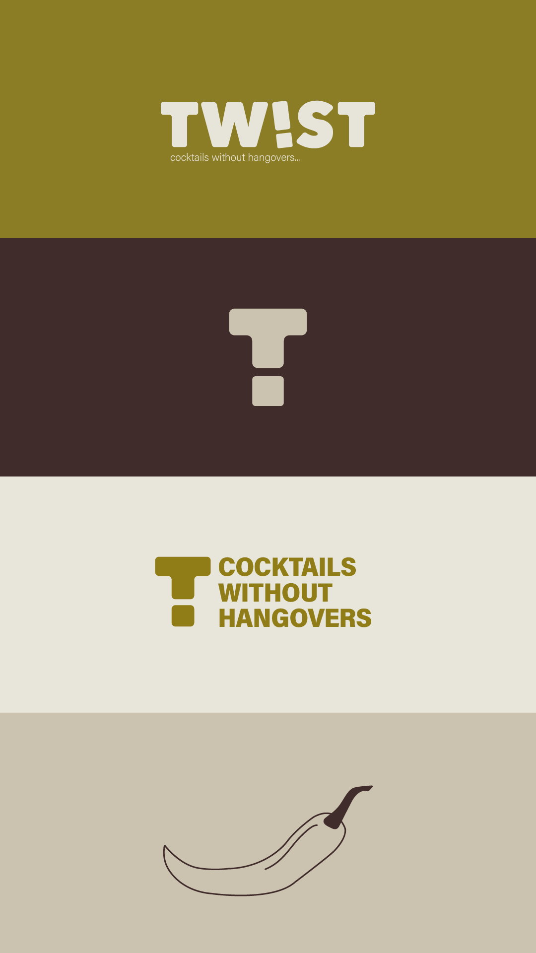 Graphic design with the words "TWIST cocktails without hangovers..." a large question mark, and a chili pepper illustration.
