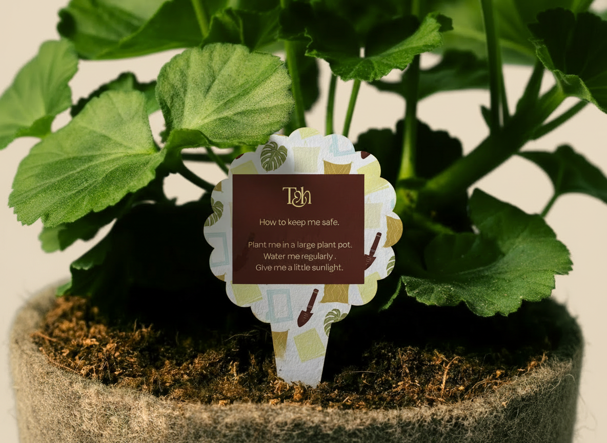 Close-up of a potted green plant with large leaves, with a decorative plant care label in the soil that has instructions for plant care.