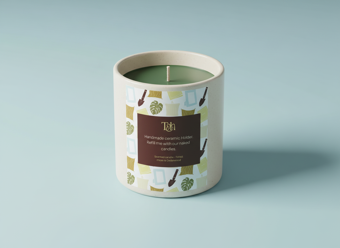 A handmade ceramic candle holder with green candle inside, decorated with patterns of leaves, frames, and shovels, placed on a light blue background.