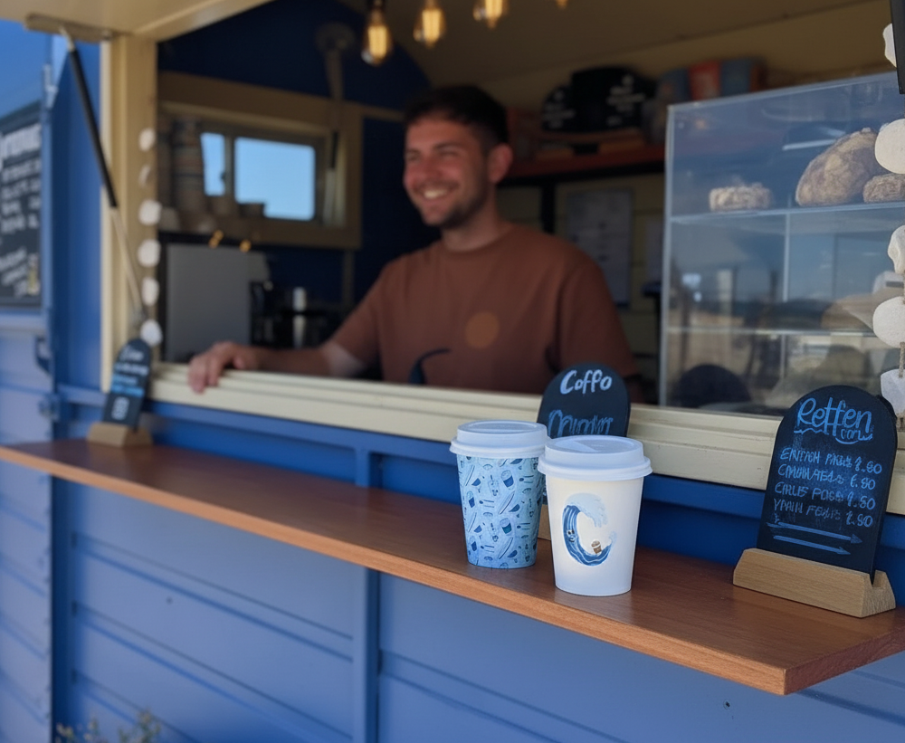 A smiling man is working at a blue food truck counter with two coffee cups in front of him. Both coffee cups feature the Coastal Coffee Logo and brand pattern.