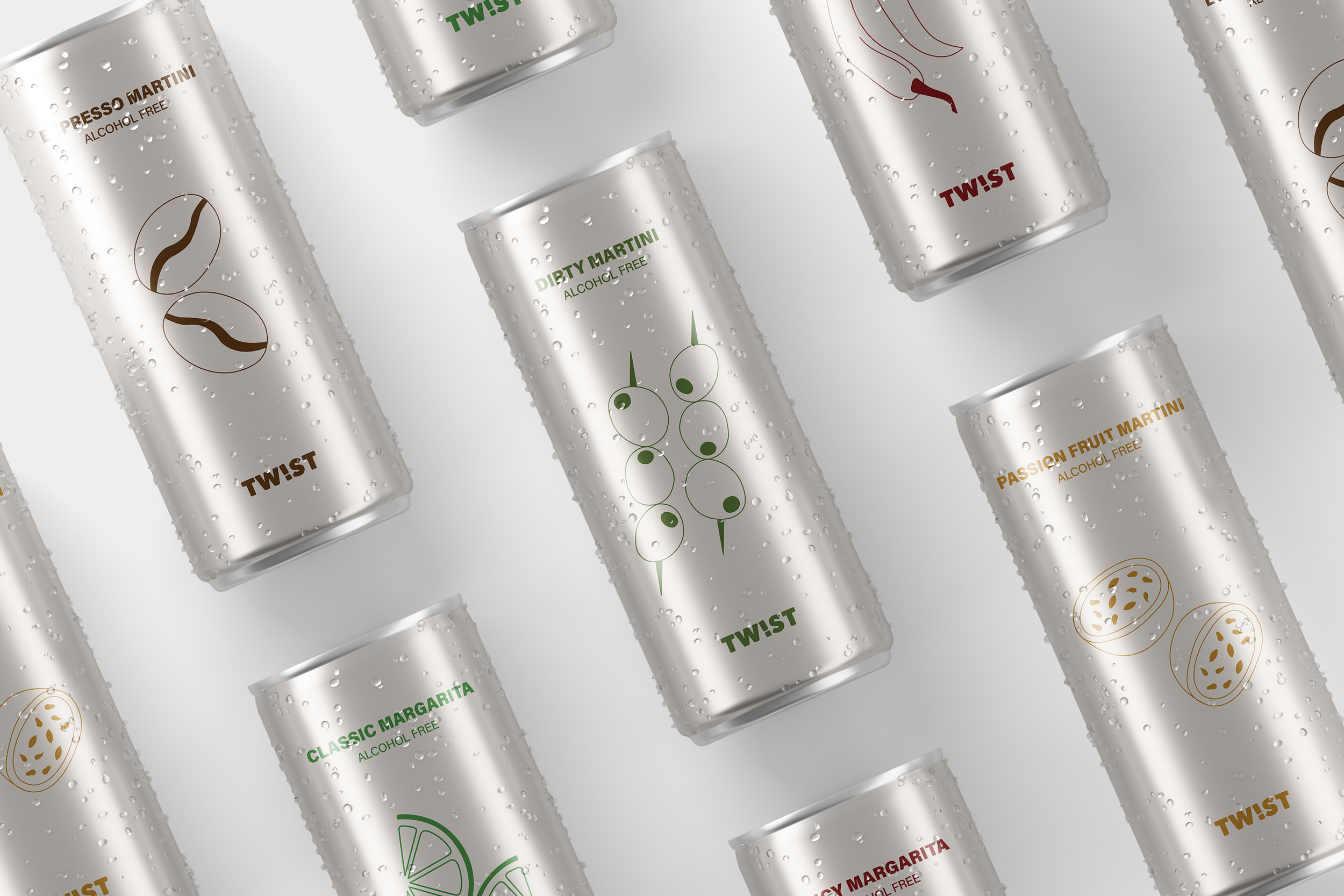 Multiple cans of Twist alcohol-free beverages with droplets of water on them, featuring different flavor labels such as Espresso Martini, Dirty Martini, Classic Margarita, Passion Fruit Martini, and others, arranged diagonally on a gray background.