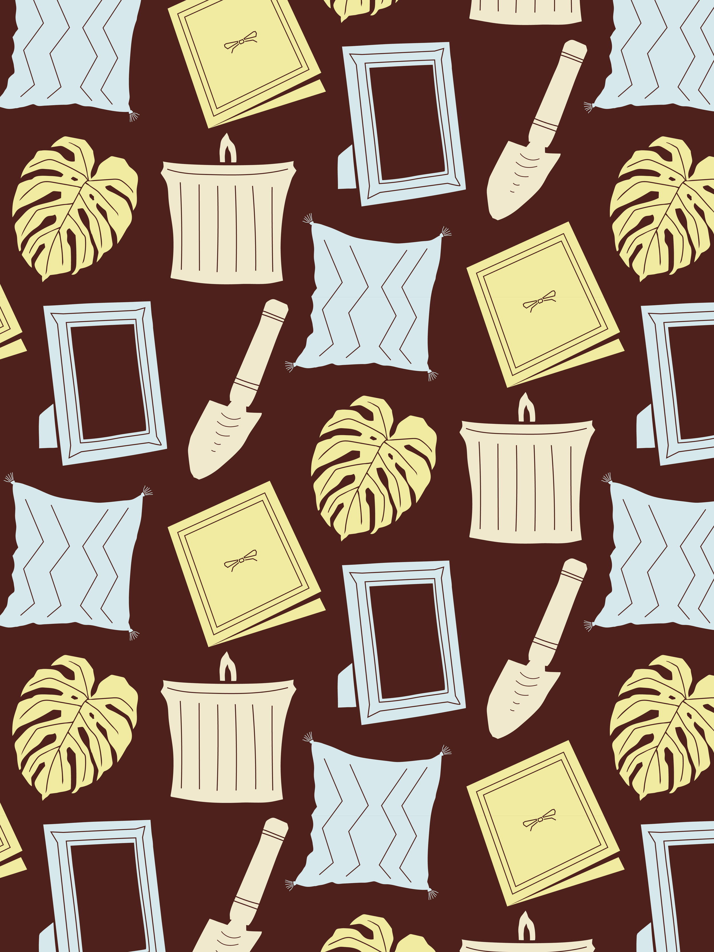Pattern with Monstera leaves, candles, throw pillows, picture frames, and a trowel on a dark background.