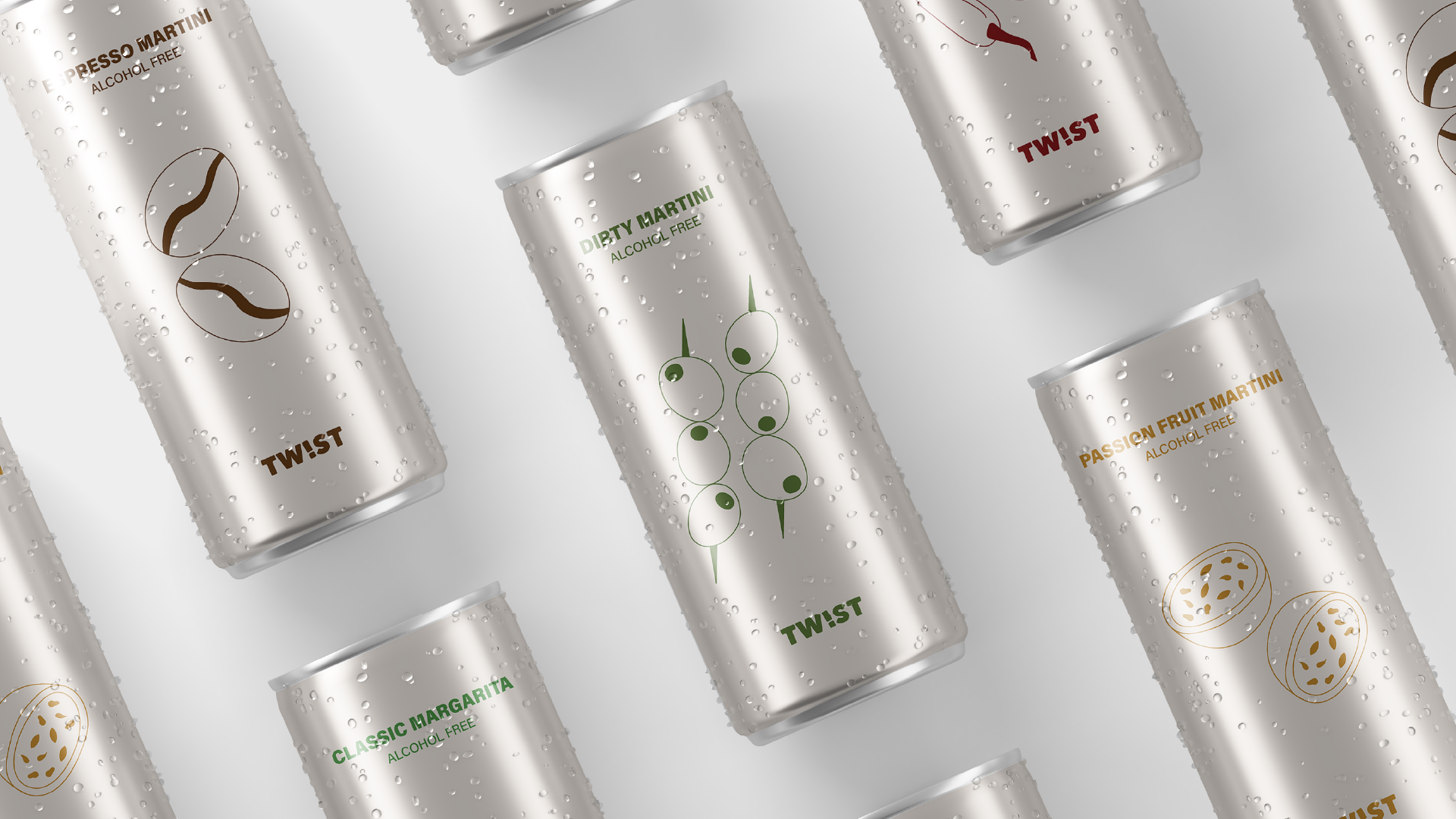 Multiple silver cans of Twist brand alcohol-free beverages with water droplets on them, featuring various flavors including Espresso Martini, Classic Margarita, Dirty Martini, Passion Fruit Martini, and a flavor with a lemon and rose illustration.