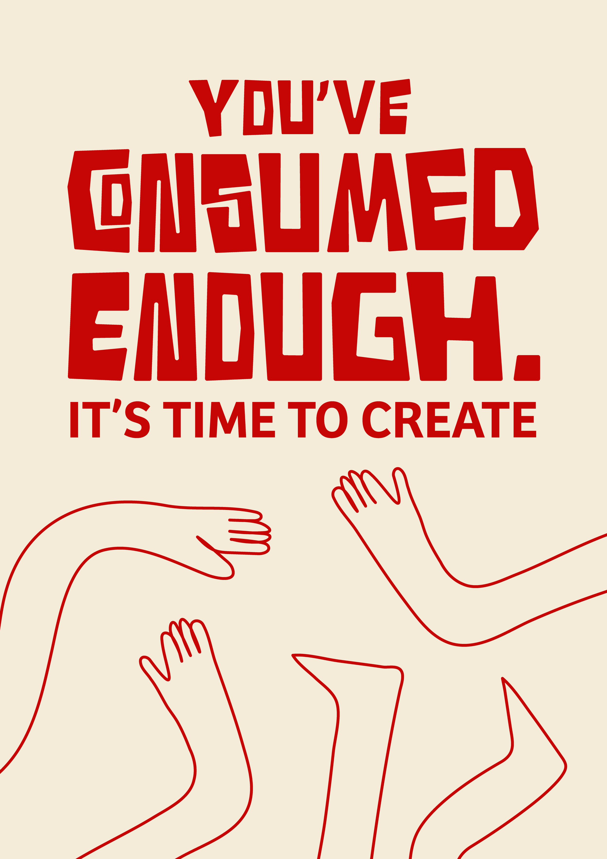 Text saying "You've earned podcast. It's time to create" with simple line drawings of four hands reaching out, some overlapping.