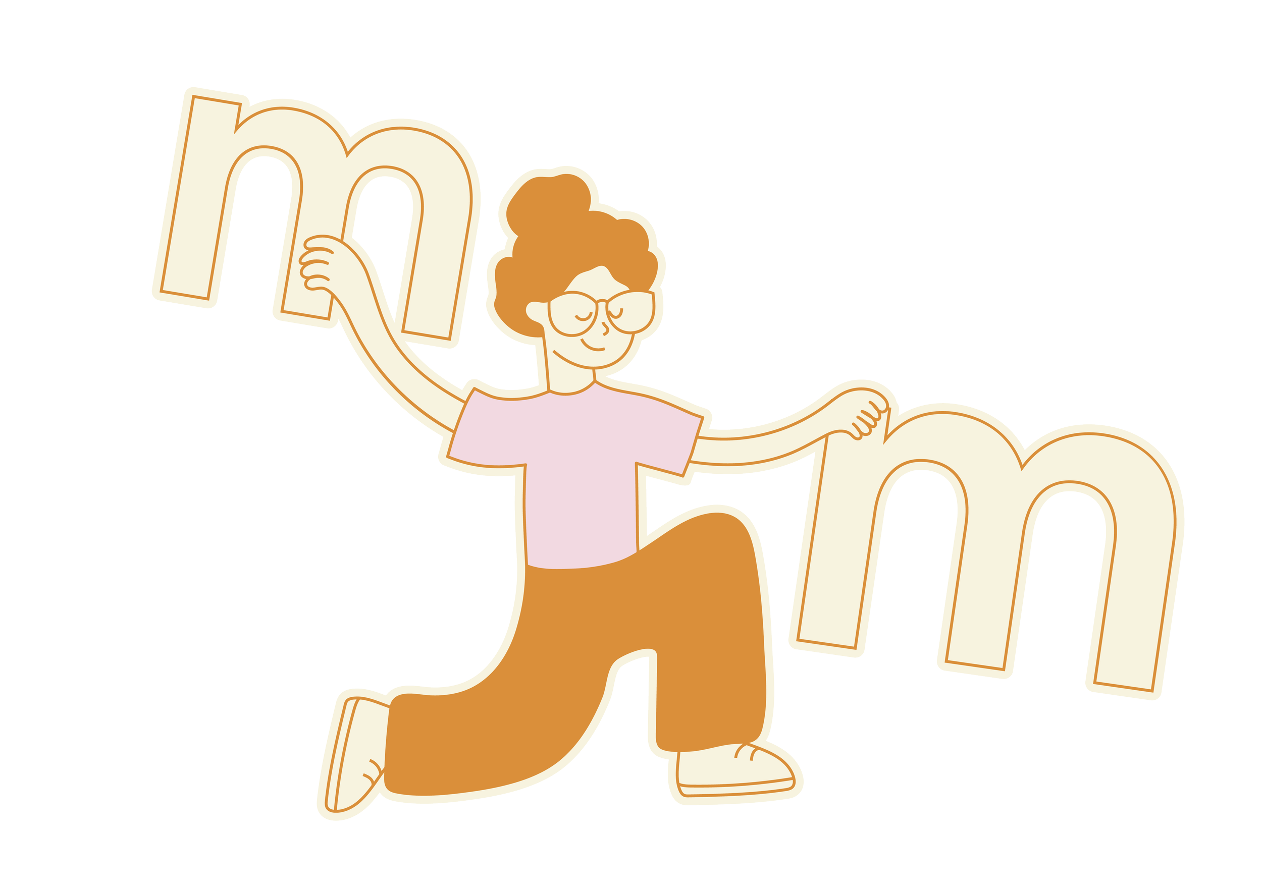 Illustration of a person with glasses kneeling while holding large beige letters 'm' and 'm', wearing a pink shirt and orange pants.