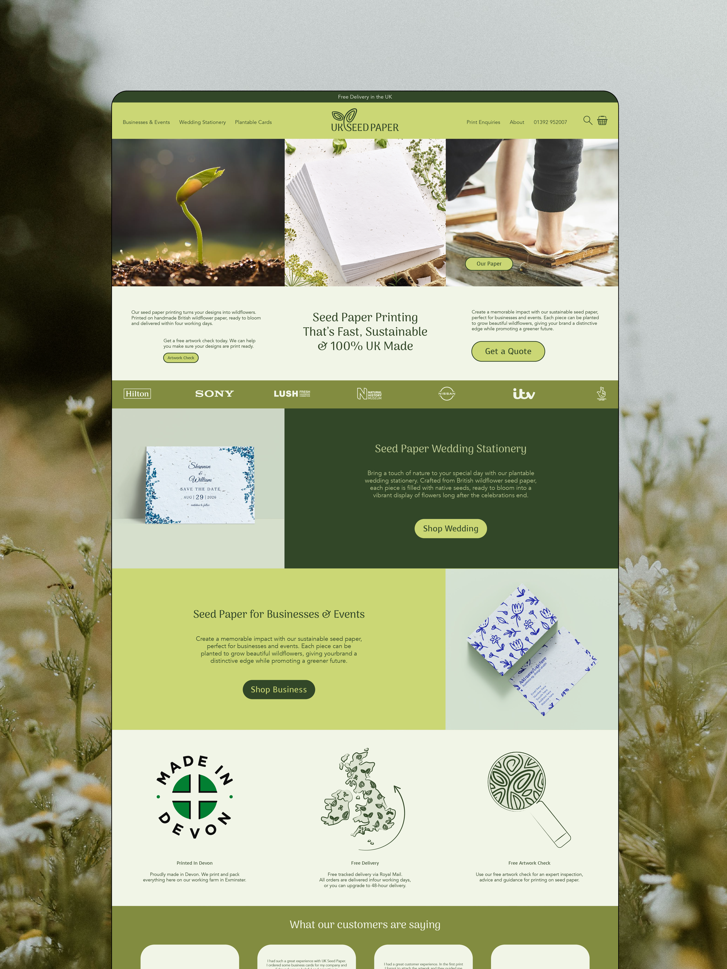 A website homepage for UK Seed Paper featuring eco-friendly seed paper products, including wedding stationery and business event paper, with images of seed paper, a person pressing flowers, and product samples.
