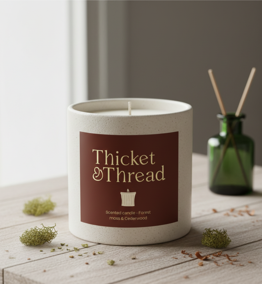 A scented candle labeled 'Thicket & Thread' with notes of forest moss and cedarwood, placed on a wooden surface alongside decorative moss and a small green glass bottle with reed diffusers.