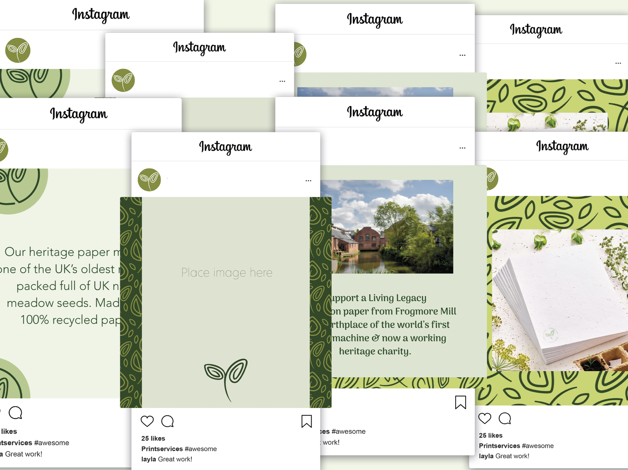 Collage of several Instagram posts promoting heritage paper made from UK-grown meadow seeds, with images of a village and white paper notes, and decorative green patterns. 
