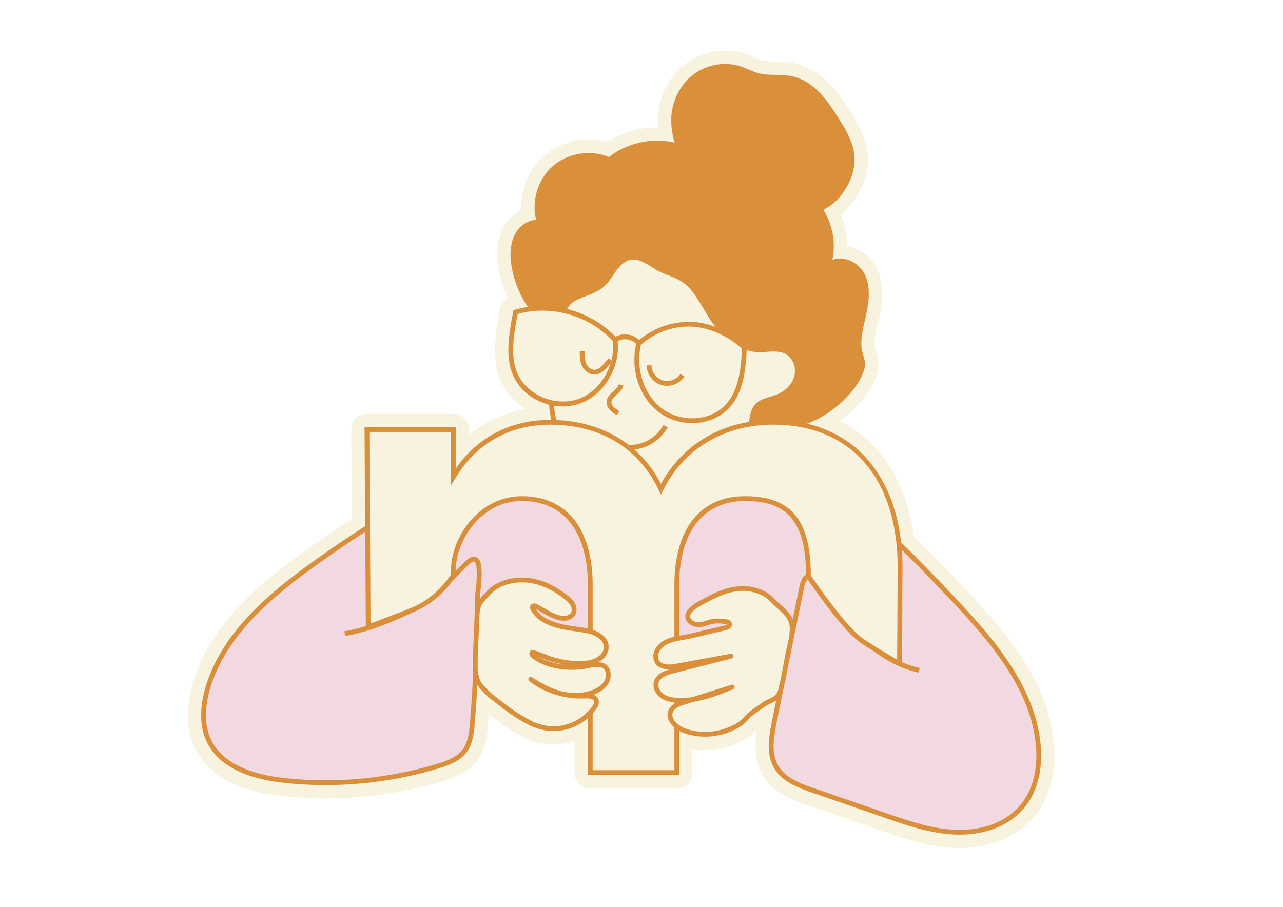 A cartoon person with curly hair and glasses hugging a large letter 'm'.