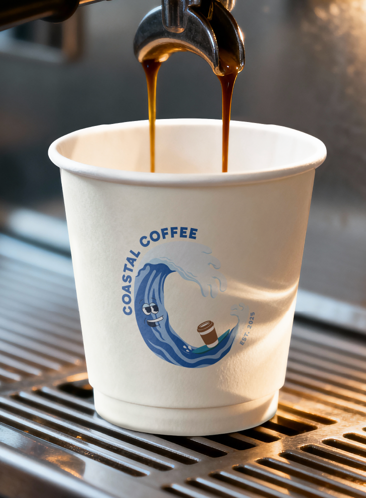 Coffee being dispensed into a white cup with a Coastal Coffee logo featuring a smiling wave and a coffee cup, on a coffee machine drip tray.