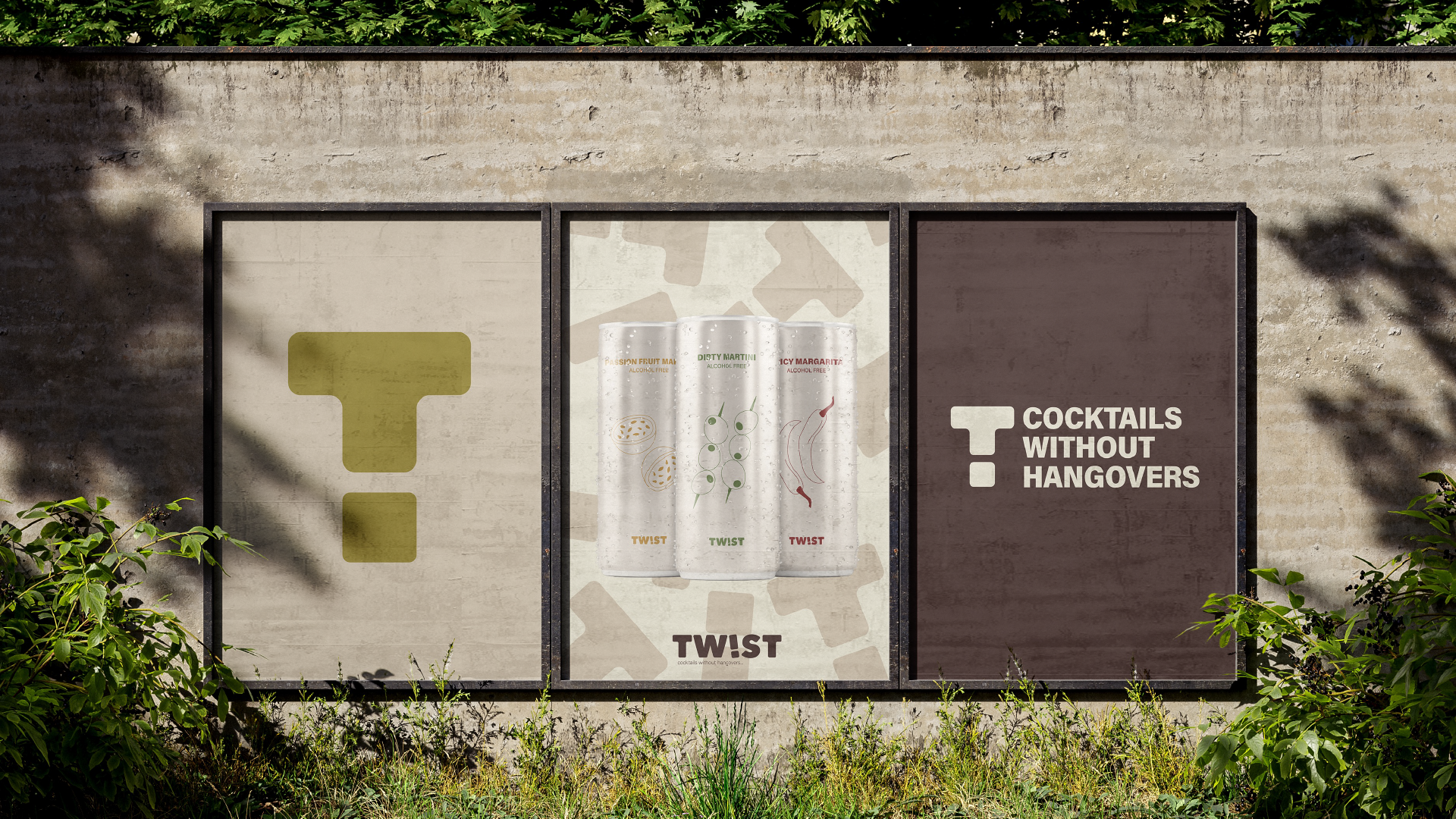 Outdoor advertisement for TWIST alcoholic-free cocktails, featuring three cans with flavor names Passion Fruit Martini, Dirty Martini, and Icy Margarita, with a background of abstract shapes and text that says "Cocktails without hangovers."