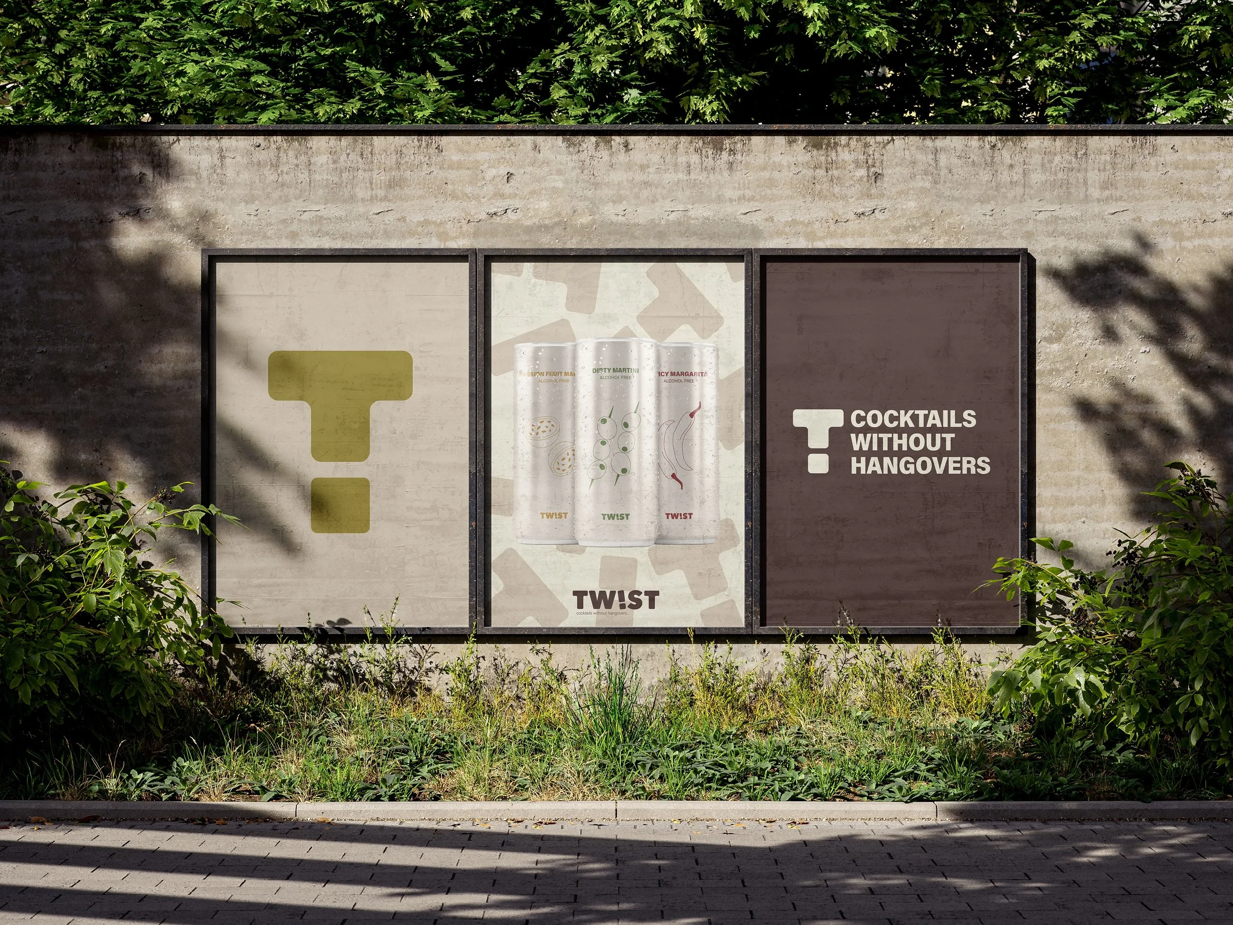 Outdoor advertising billboard with three panels, displaying a question mark, an image of canned cocktails with fruit illustrations, and the text 'Cocktails Without Hangovers' on a dark background.