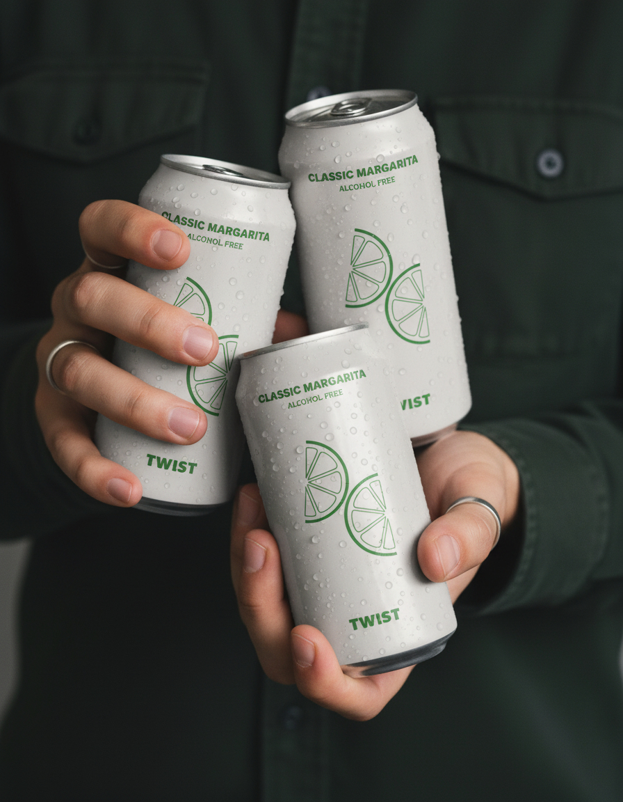 Person holding three white cans of alcohol-free classic margarita, with lime slice graphics and the words "Twist" and "Vist" on the cans