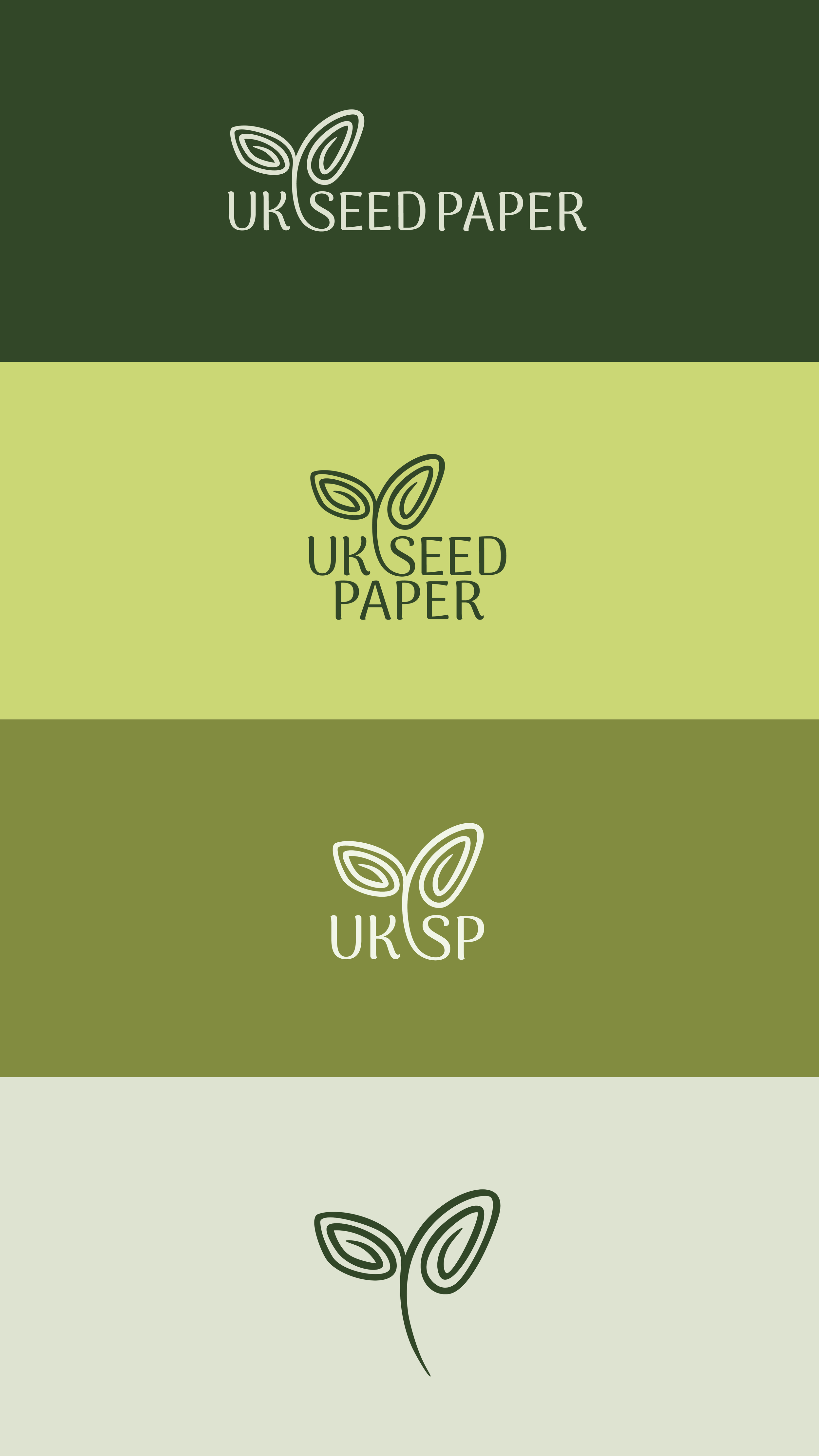A vertical stack of four images with different shades of green background, each featuring a logo of a sprouting seed and text. Top logo reads "UK SEED PAPER," middle logo reads "UK SEED PAPER," third logo reads "UK SP," and bottom has a simple line d