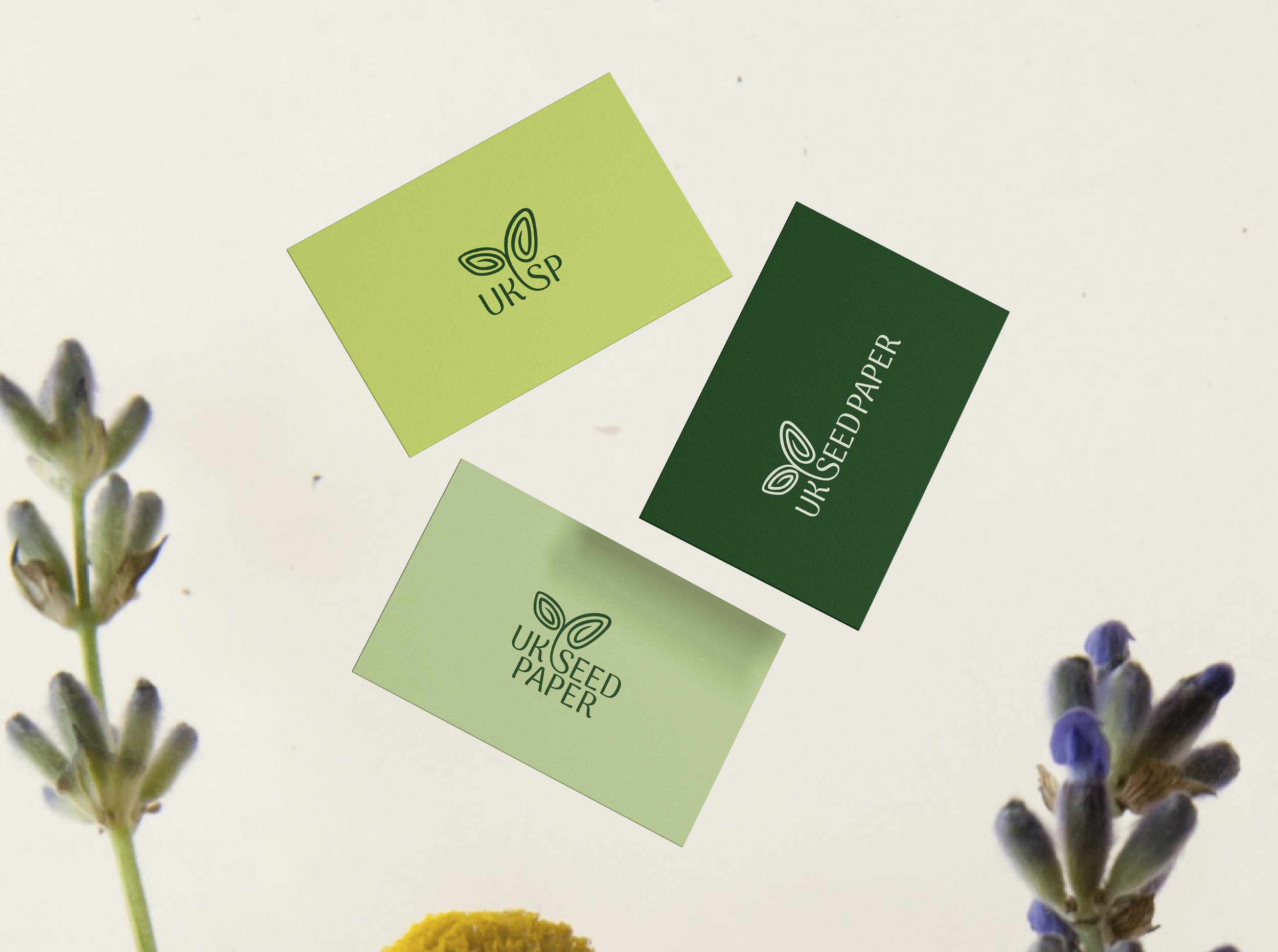 Three business cards for UK Seed Paper with leaf logos, resting on a white surface with lavender flowers on either side.