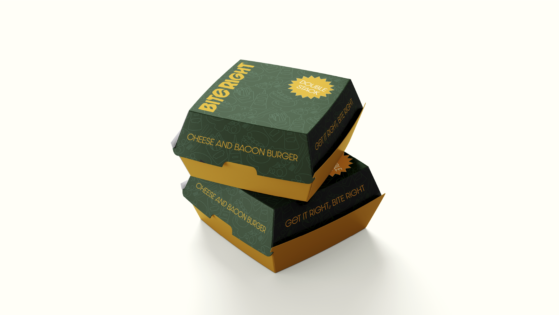 Two stacked green and black burger boxes labeled 'Cheese and Bacon Burger' and 'Get it right, bite right' on a white background.