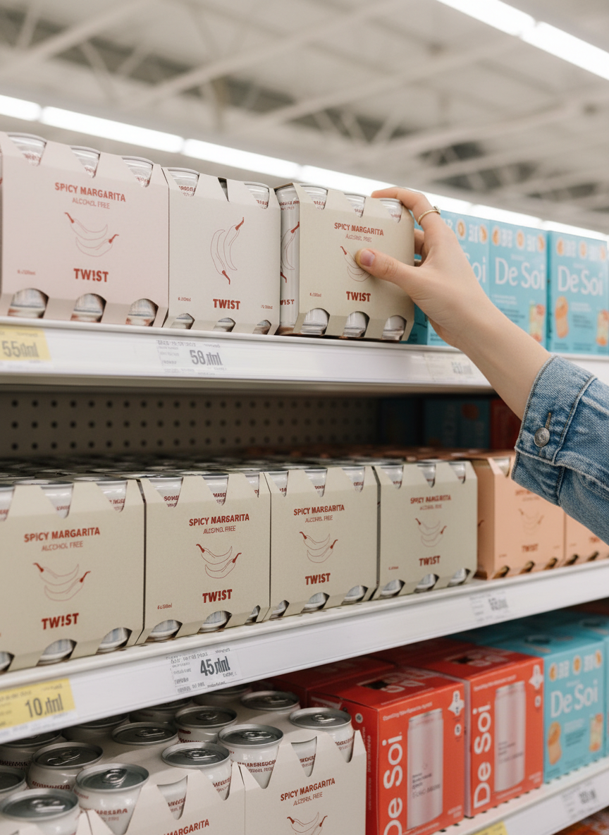 A person reaching for a box of Twist Spicy Margarita alcohol-free beverage on store shelf.