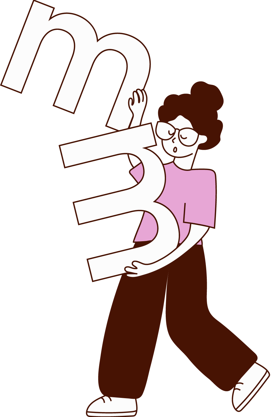 A cartoon woman with curly brown hair, glasses, and a pink shirt holds large white numbers '1', '2', and '3'.