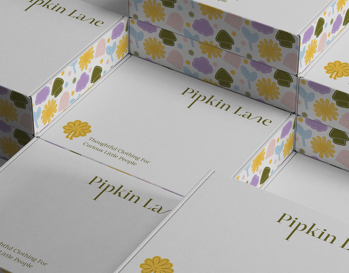 Several white boxes with colorful floral and mushroom patterns on their sides, labeled "Pipkin Lane" and "Thoughtful Clothing for Curious Little People."