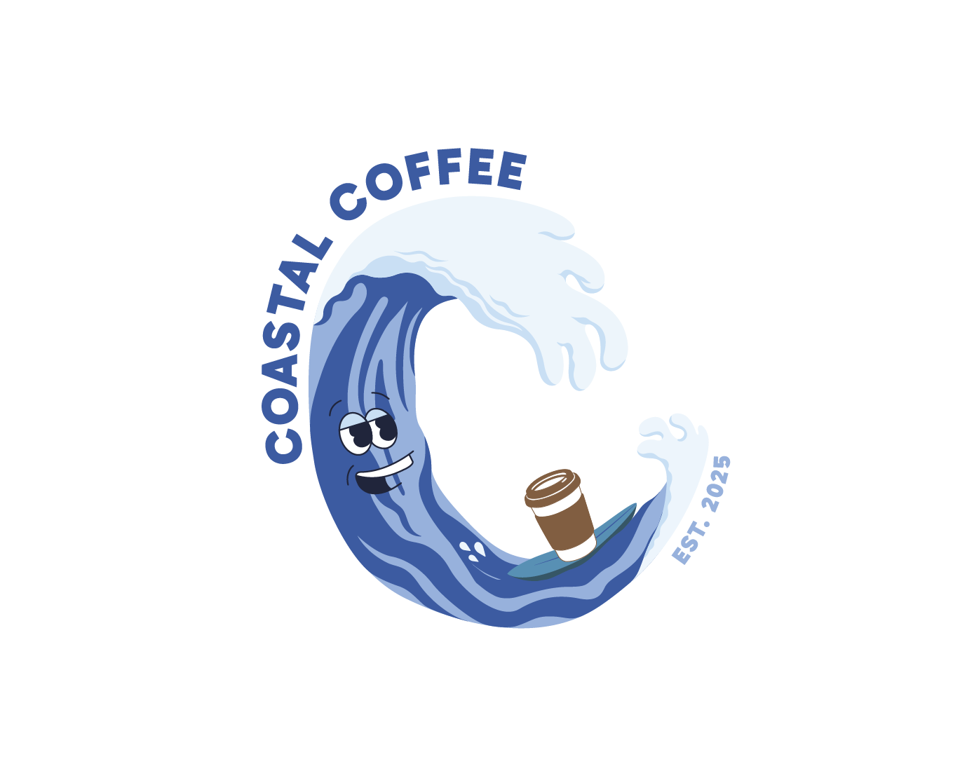 A cartoon wave holding a coffee cup with a smiling face, surrounded by the text 'Coastal Coffee' and 'Est. 2025' on a black background.