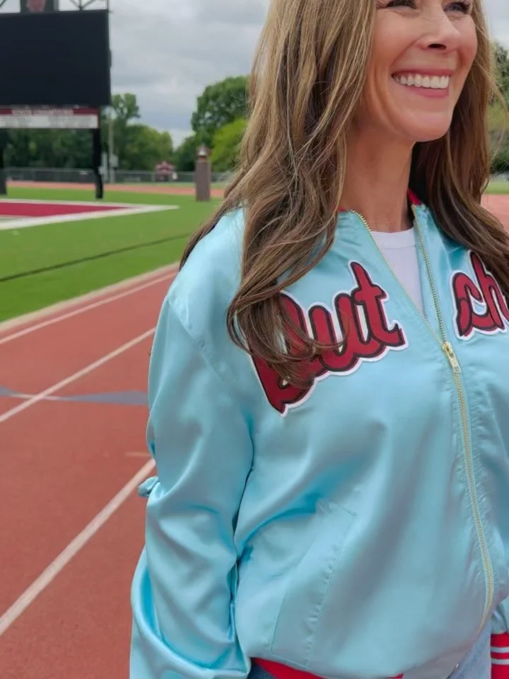 A classic look, just a bit more elevated &mdash; meet our school spirit bomber jacket ✨📣