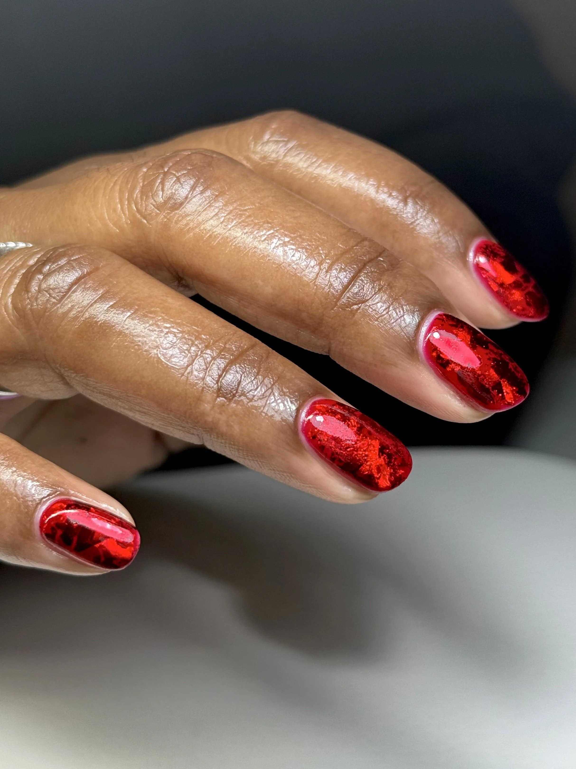 The Gel Bottle BIAB Nails with Christmas foil nail art in Woking, Surrey- professional builder gel manicure by Gemma Dawson Beauty
