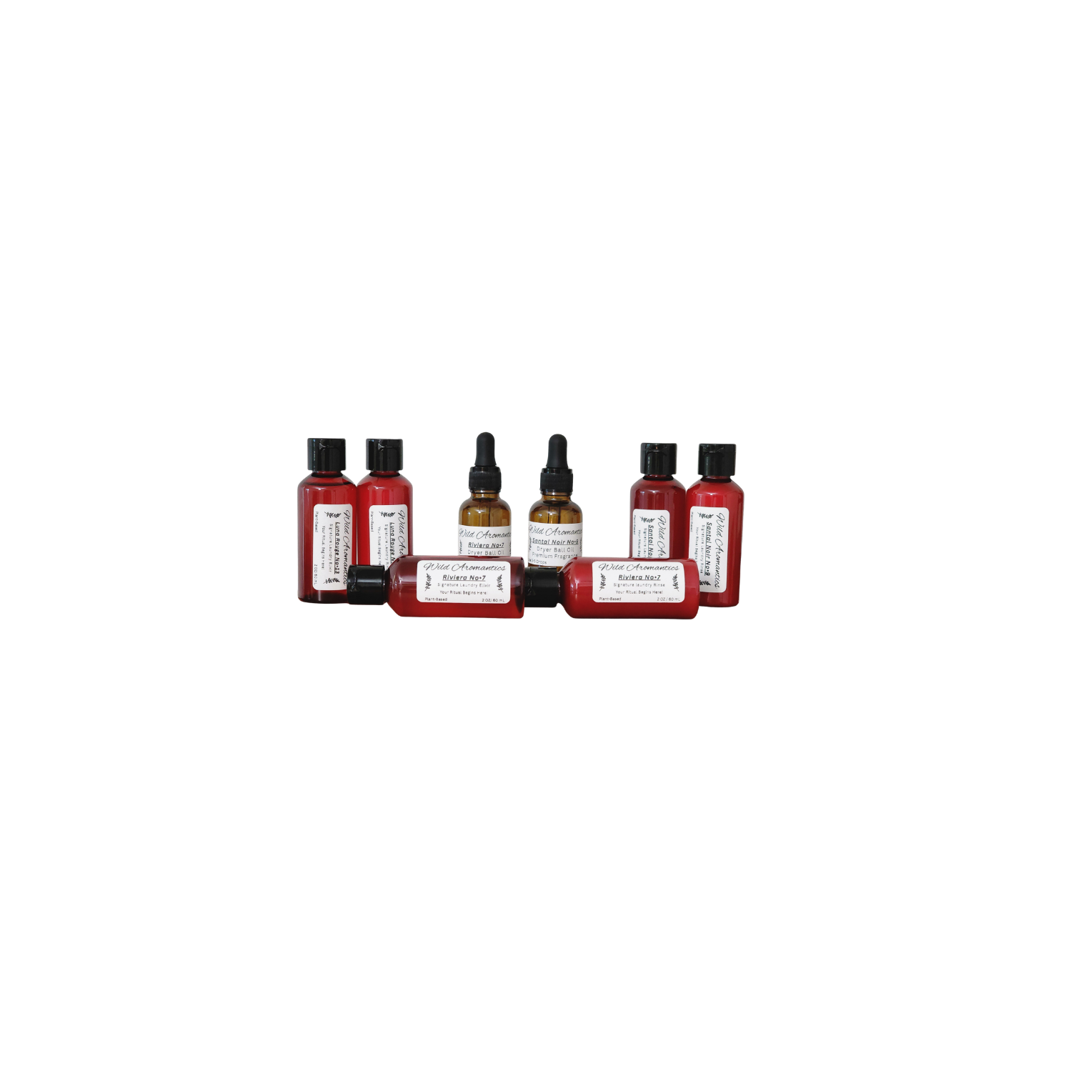 8-piece Laundry Discovery Kit with 2oz Elixirs 2oz Rinses and 1oz Glass Oil Droppers by Wild Aromantics.