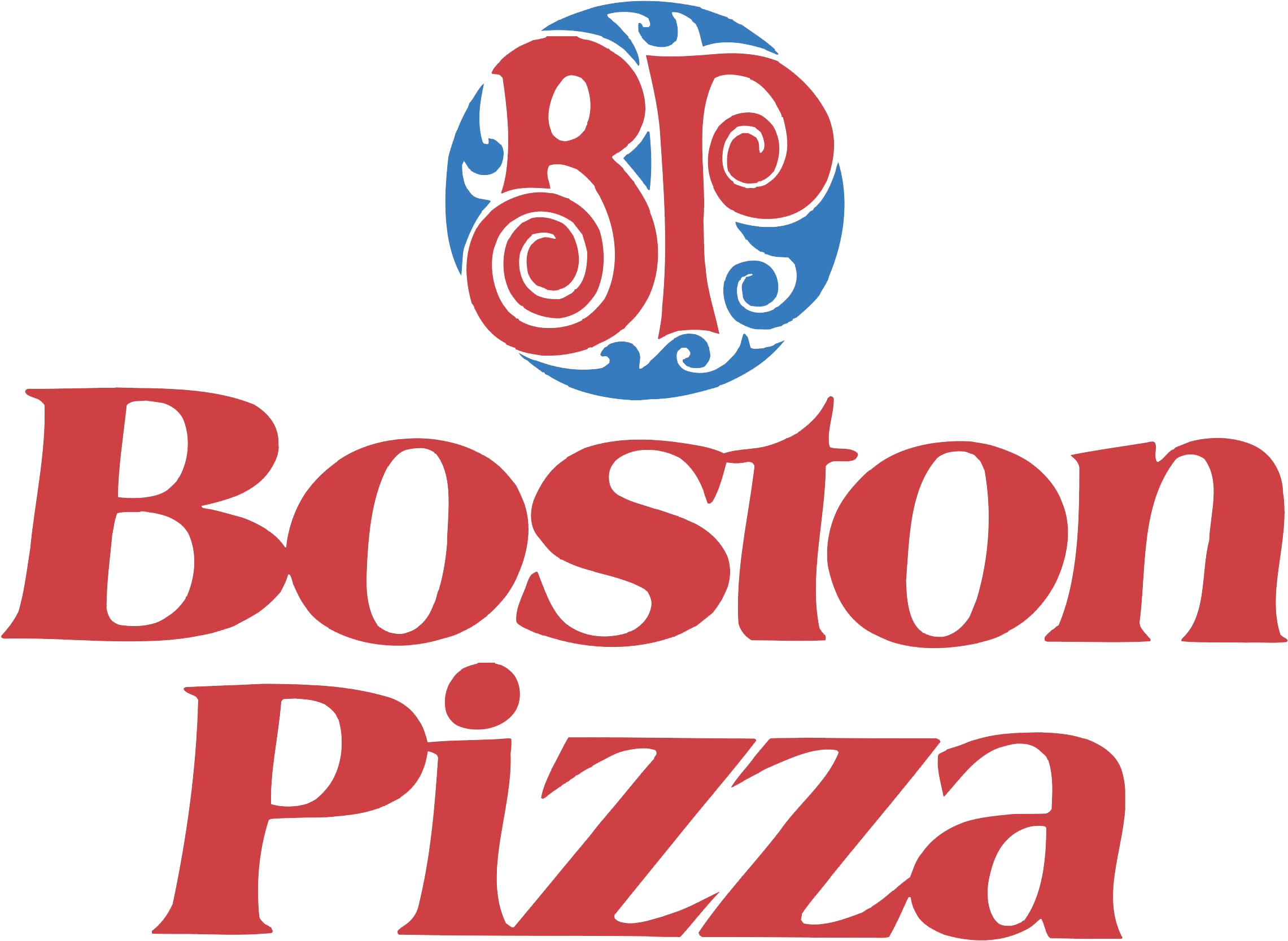 The word "BOSTON" in large red letters with a stylized blue wave behind it, forming a logo