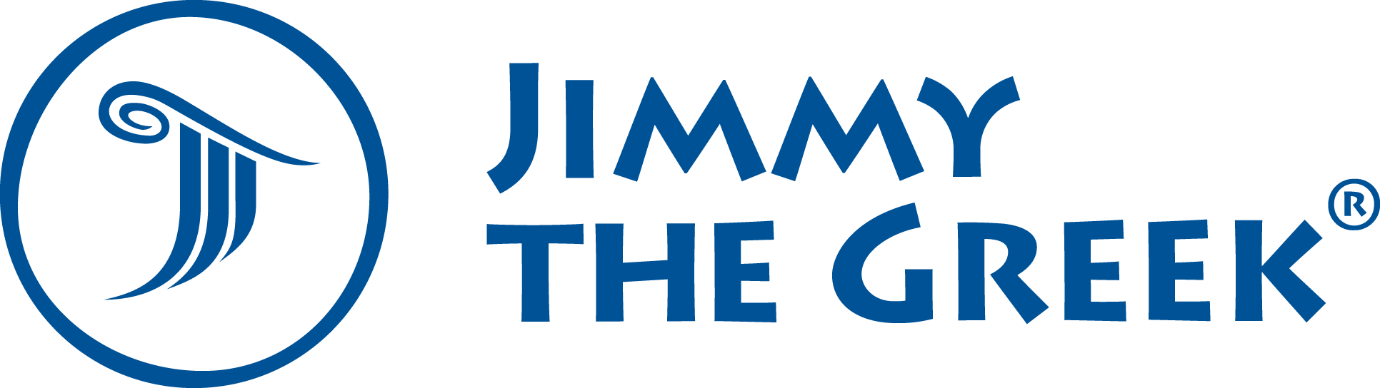 Jimmy The Greek logo with a blue stylized Greek helmet inside a circle and the text "Jimmy The Greek" in blue.