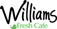 Logo of Williams Fresh Cafe with stylized black text and green coffee cup icon