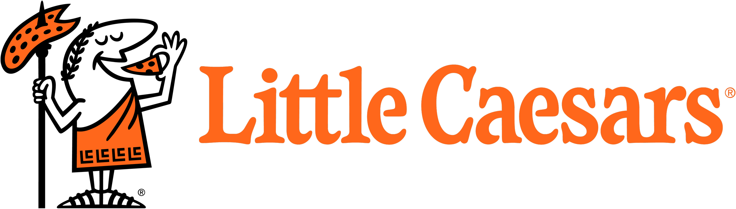 Little Caesars logo featuring a smiling cartoon Roman character in a toga holding a slice of pizza, with the brand name in orange letters.