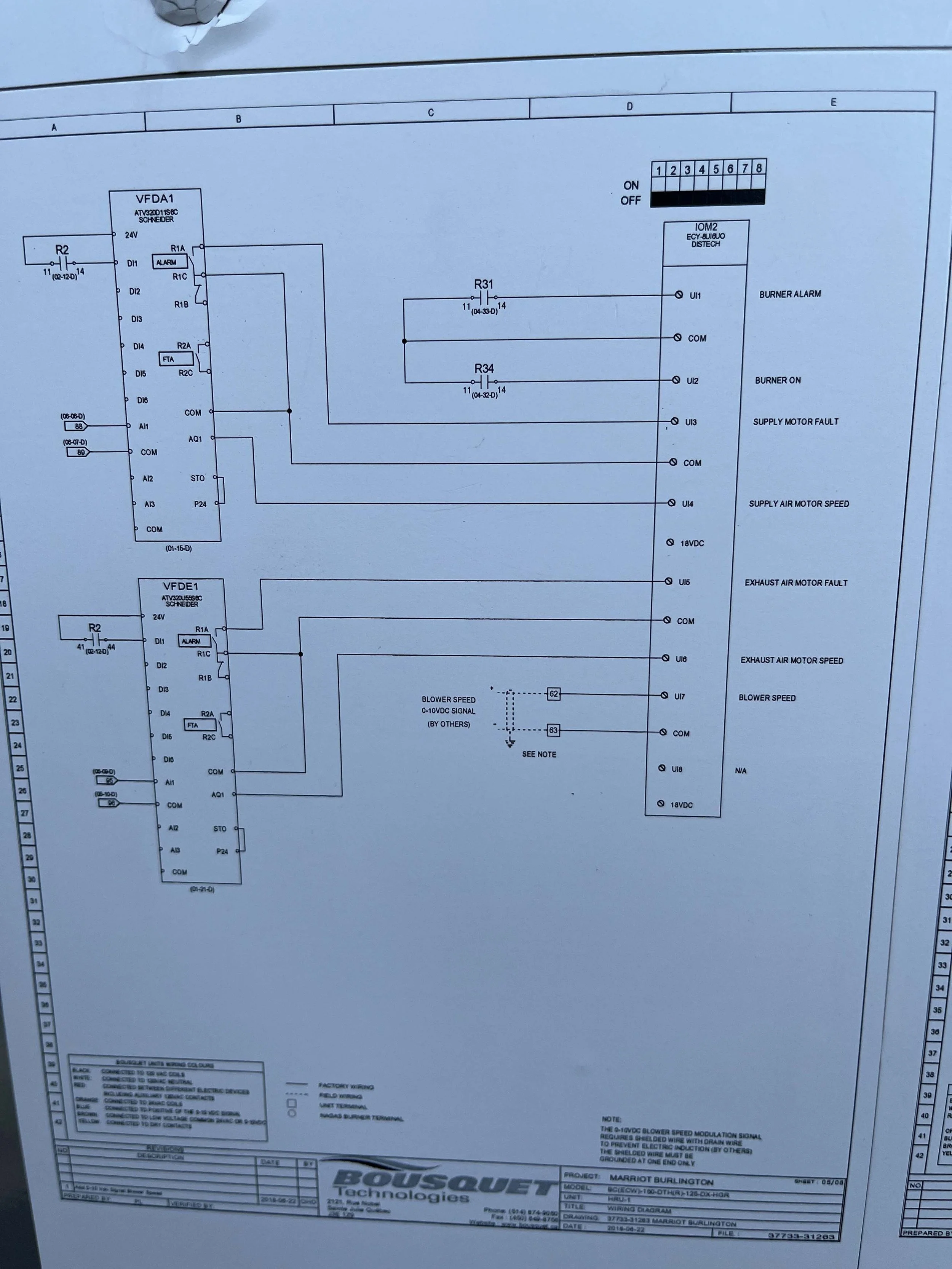 A technical electrical wiring diagram for a Bousquet Technologies project includes various labeled components, switches, and connections for control and alarm systems.