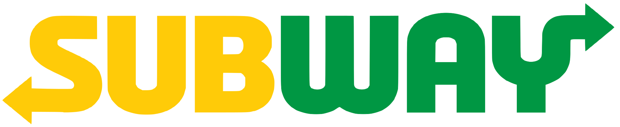 Subway logo with yellow and green text and arrows.