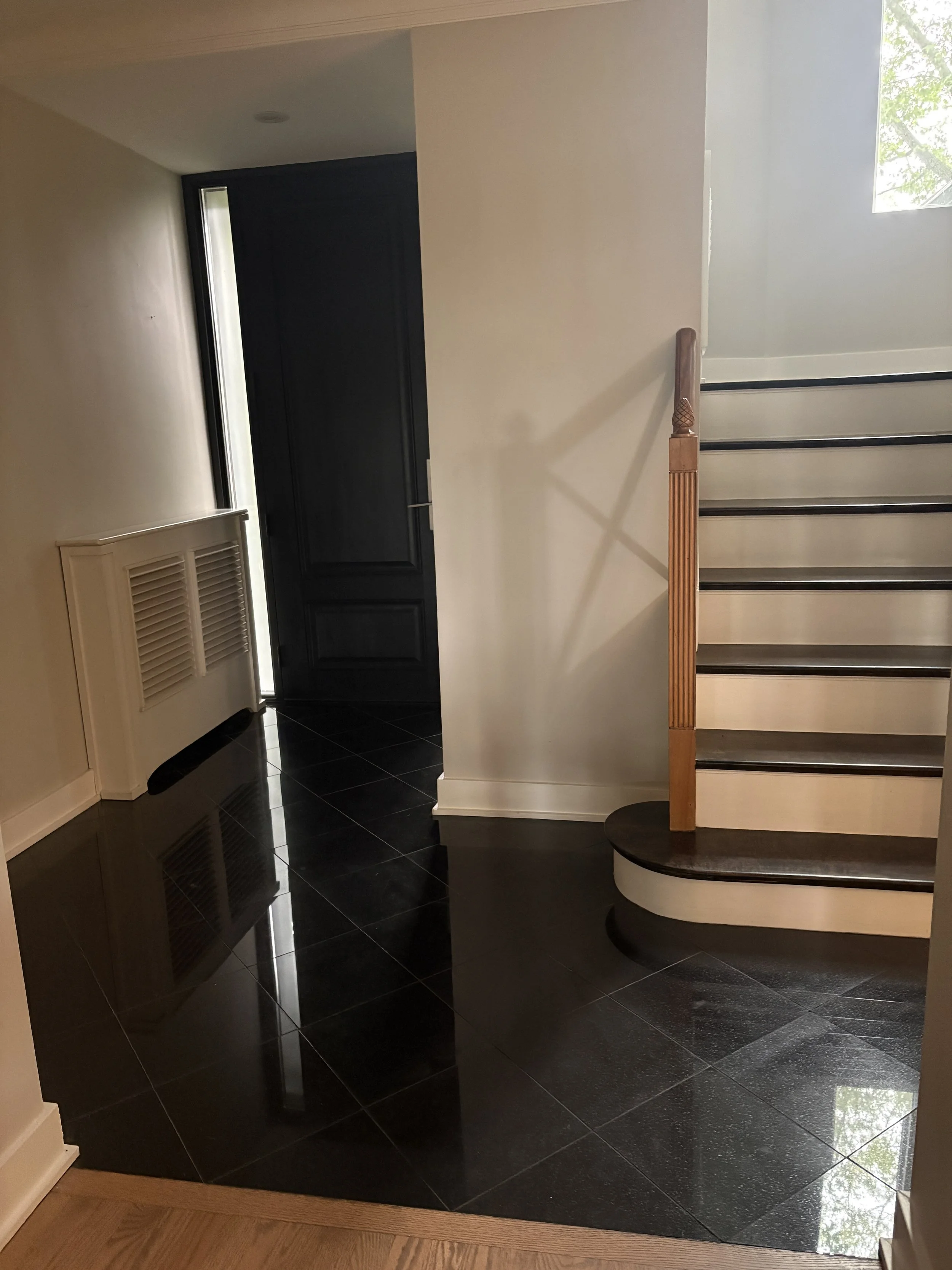 Polished black floor tile in an entryway