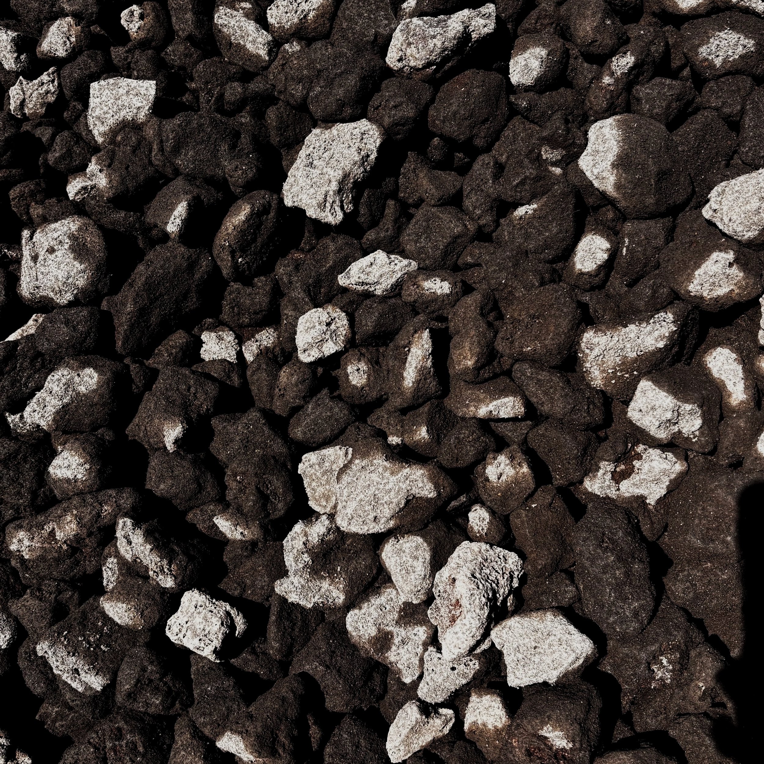 A close-up of volcanic rocks or gravel, with dark black and gray rocks, some with white mineral deposits.