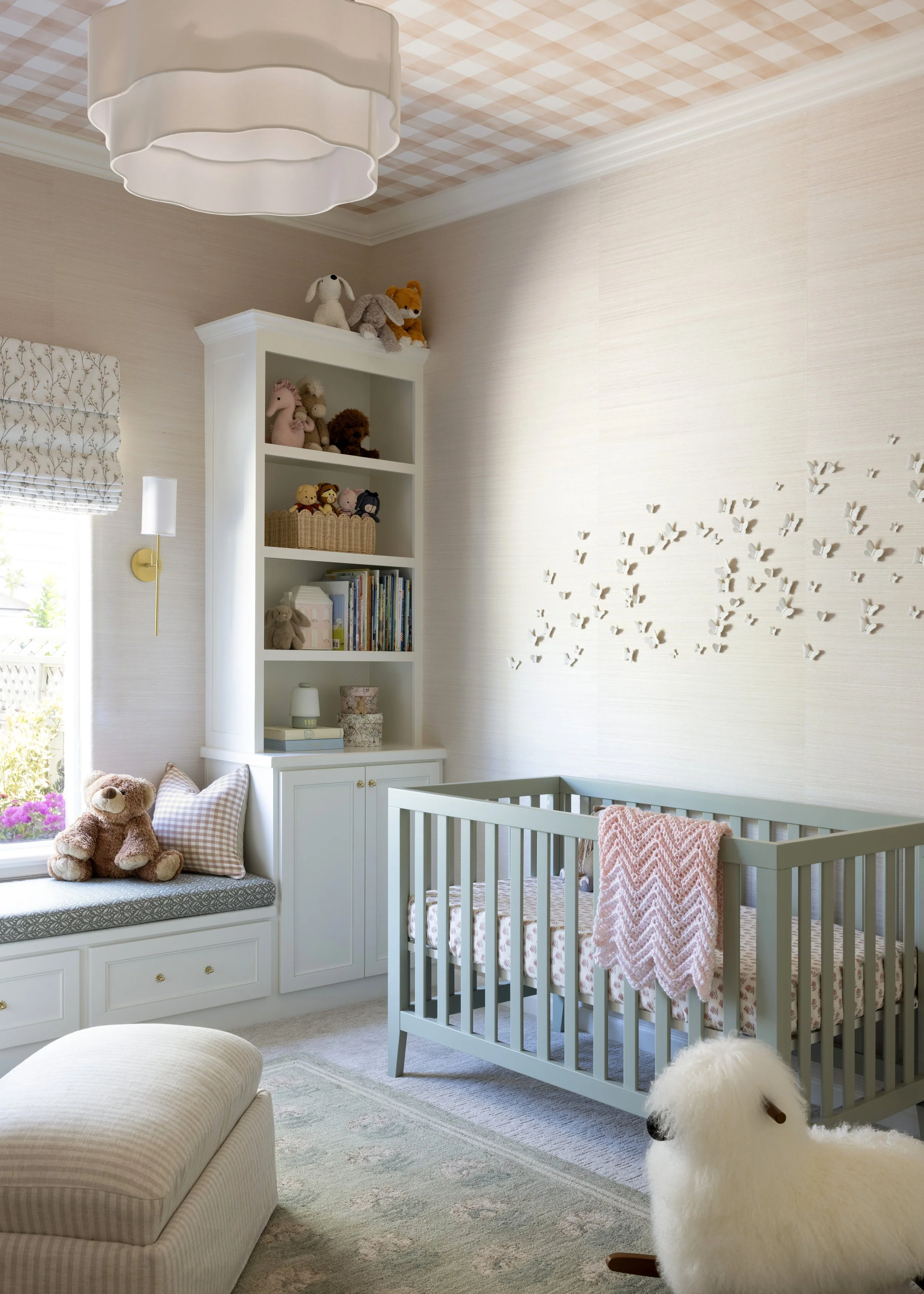 sophisticated girl nursery, plaid wallpaper ceiling