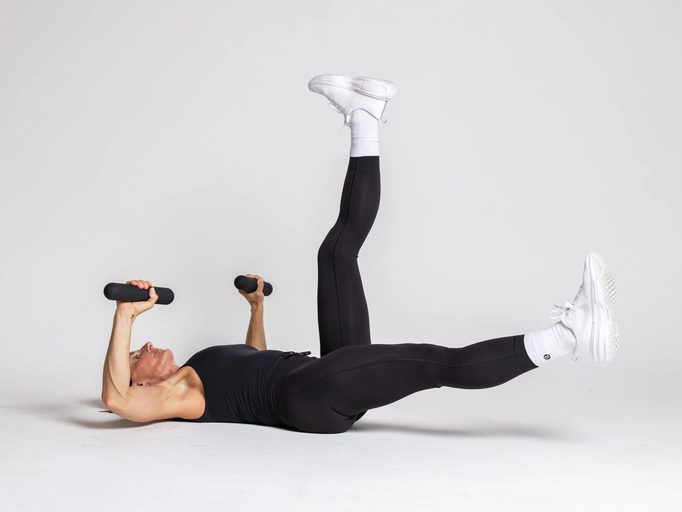 Chest Press- elbows start at 90 degree, press arms straight over chest line, add leg lifts for more challenge.
