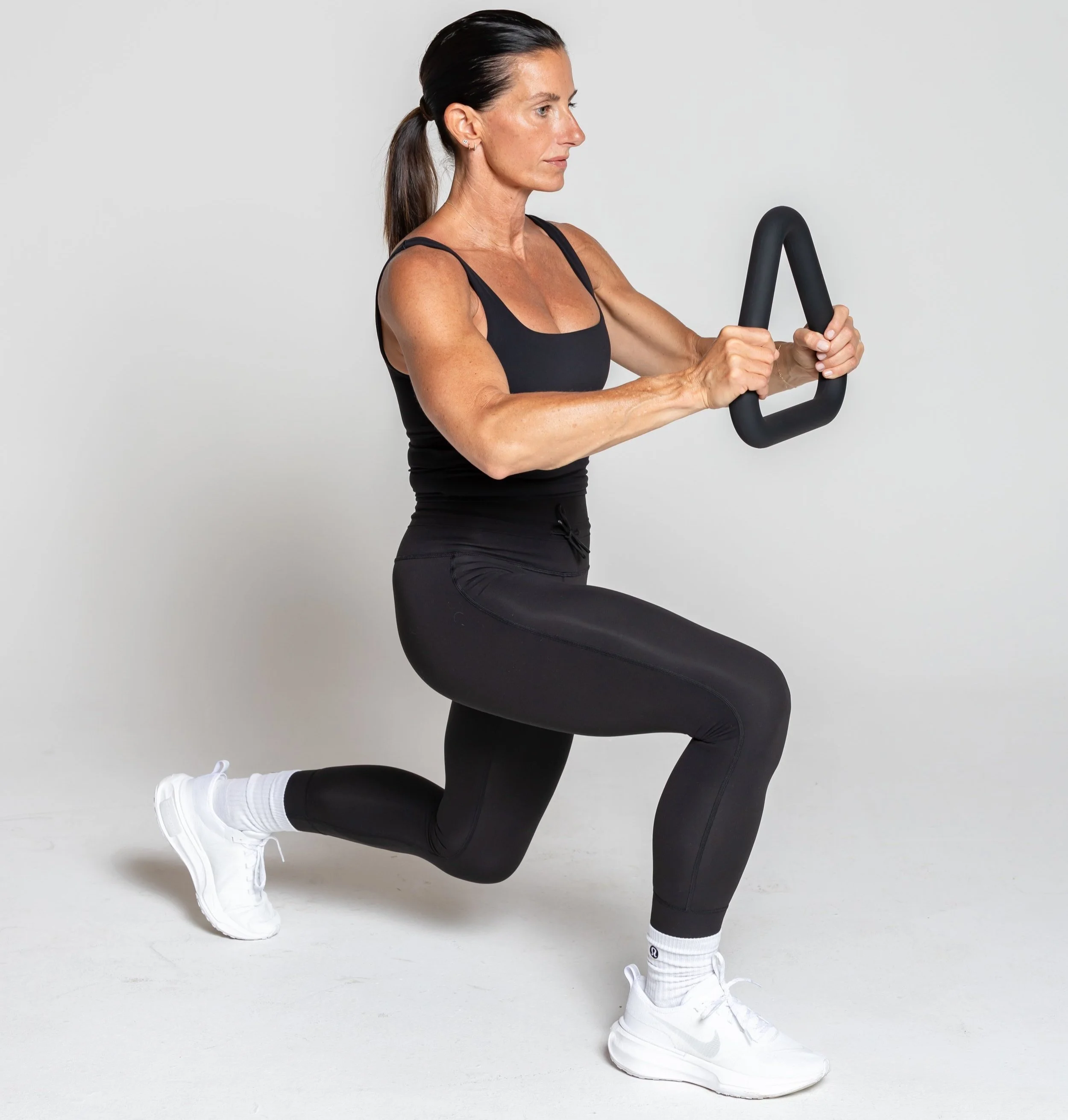 Reverse Lunges- step one foot back, bend both knees, front tight should be parallel to the floor, back knee lowers towards the ground.