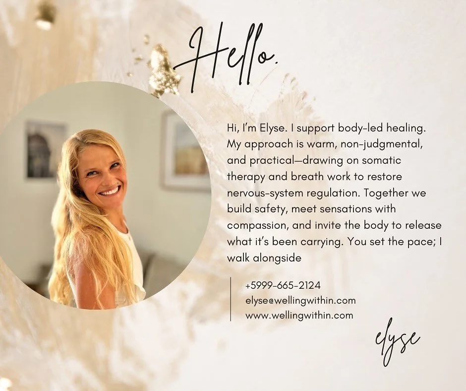 Hi! I&rsquo;m Elyse. 🌿
I&rsquo;m so grateful to be offering a safe, client-led space for somatic healing. Together, we gently explore the connection between life&rsquo;s experiences and the imprints they leave on the body. Through presence, compassi