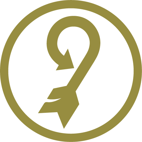 A circular logo with a question mark intertwined with a stylized arrow, in black and gold colors.