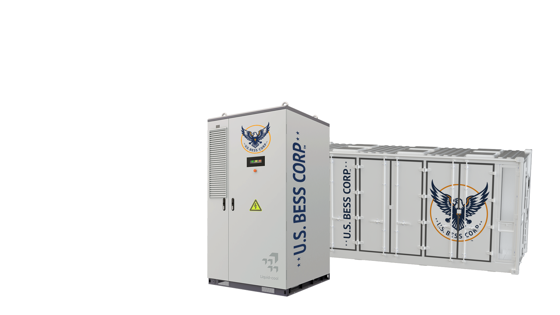 A large white rectangular industrial machine with the logo of U.S. Bess Corp., featuring an eagle with spread wings, is shown. The machine has vents, warning labels, and a display panel, with the words 'U.S. BESS CORP.' printed vertically on the side. The unit is positioned next to a closed shipping container that also displays the company's logo.