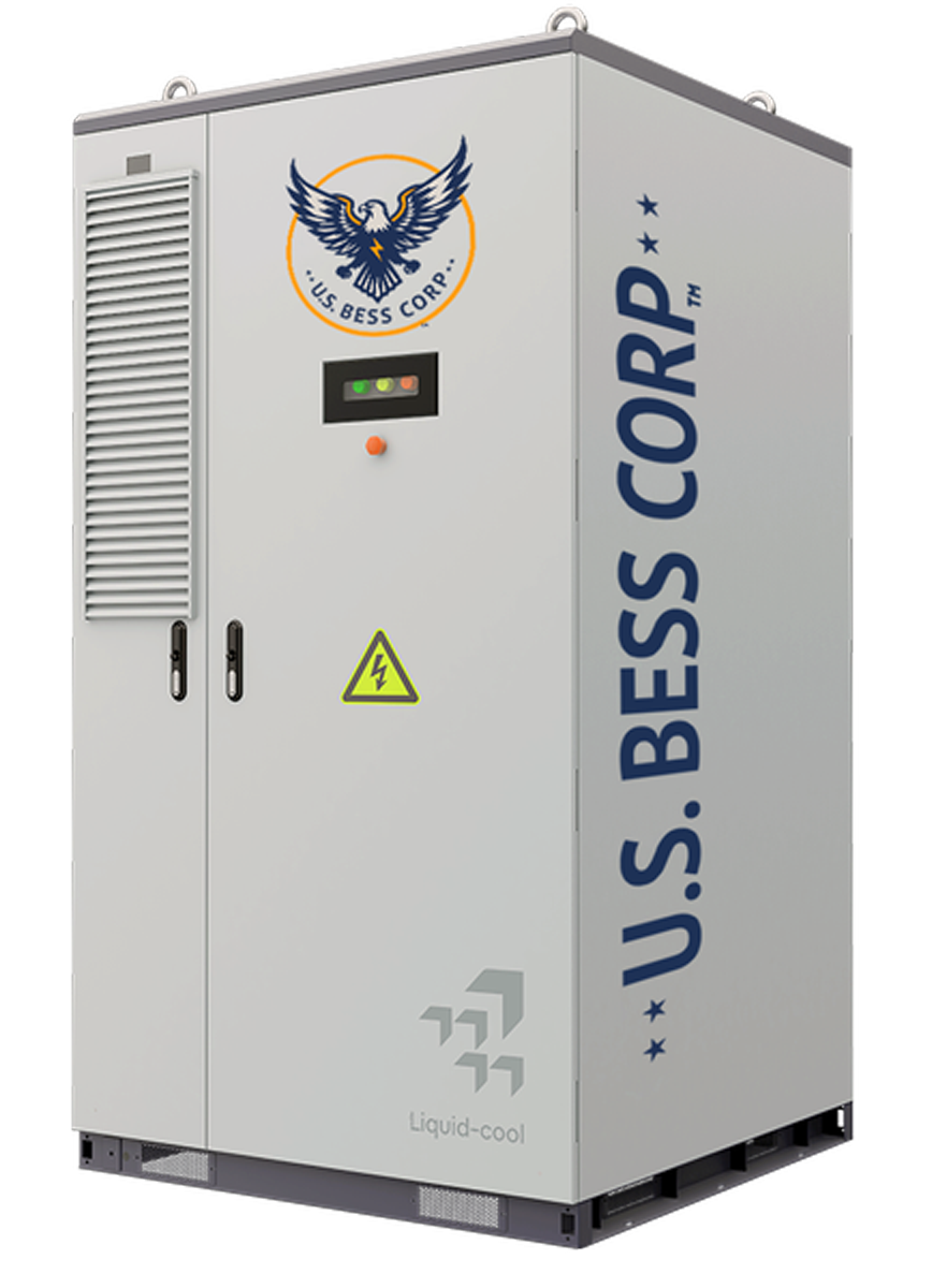 Large gray electrical cabinet with U.S. BESS CORP branding and a logo of an eagle with spread wings and a lightning bolt. Contains vents, a control panel with indicator lights, and a warning symbol for high voltage.