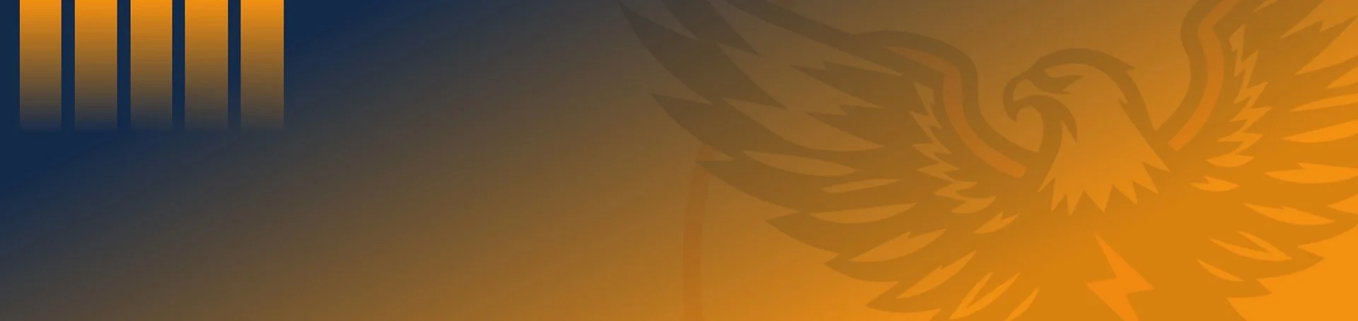 A stylized golden eagle emblem on an orange background, with a blue gradient in the upper left corner and a color gradient bar above it.