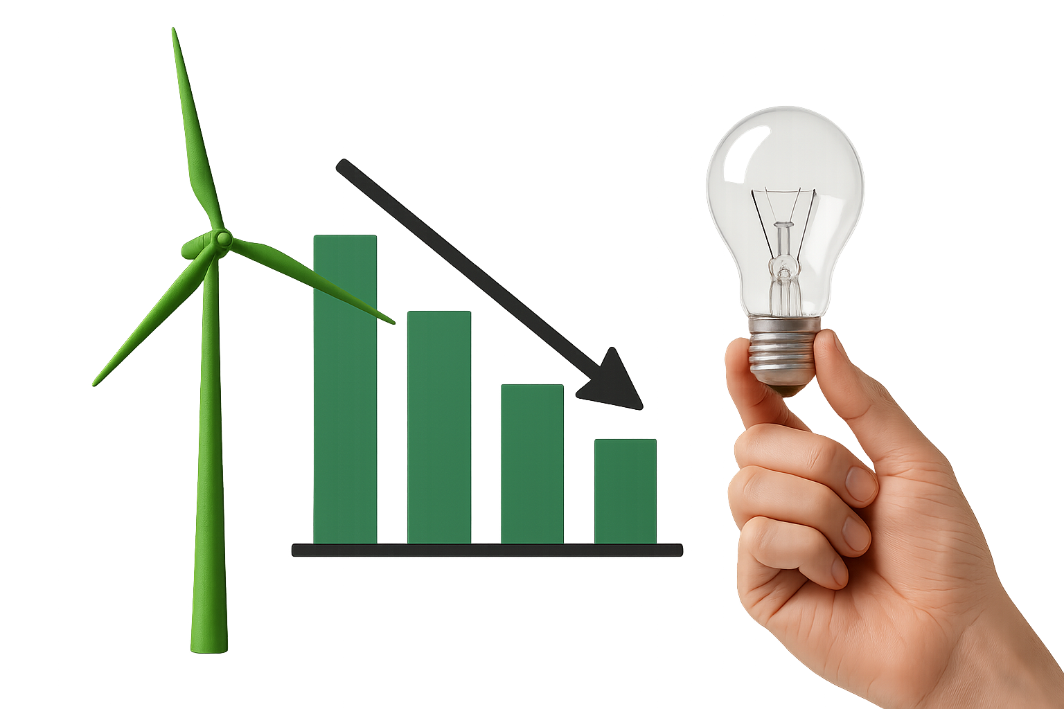 Gráfico con línea descendente y barras verdes junto a una mano que sostiene una bombilla, simbolizando ideas o energía renovable.